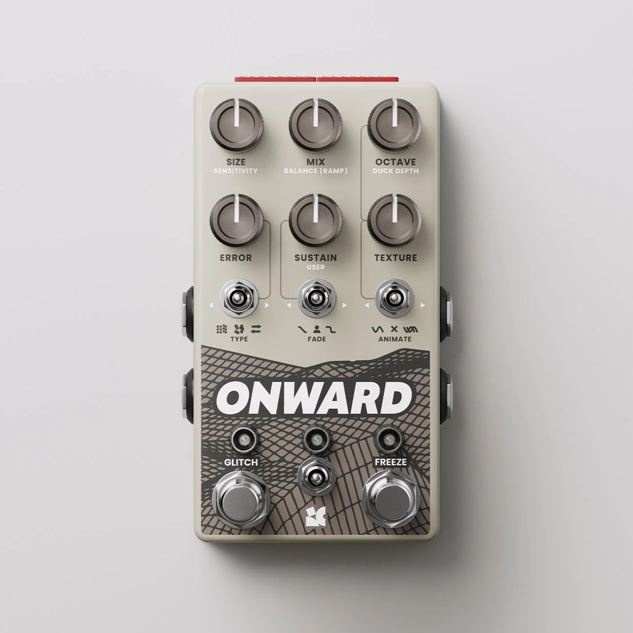 Front facing image of an Onward effects pedal by Chase Bliss.