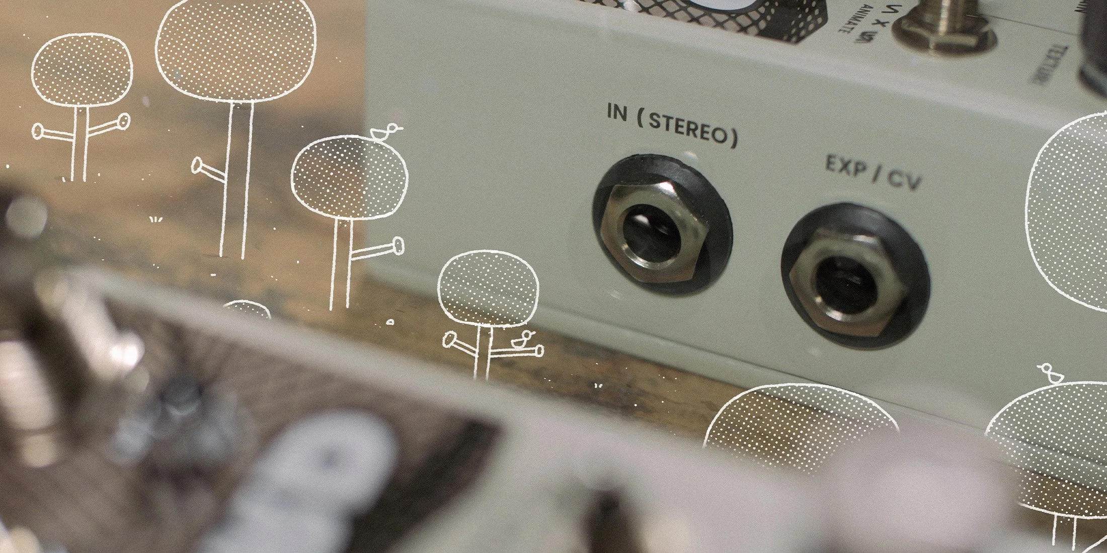 Side facing Onward effects pedal by Chase Bliss surrounded by white chalk doodles.
