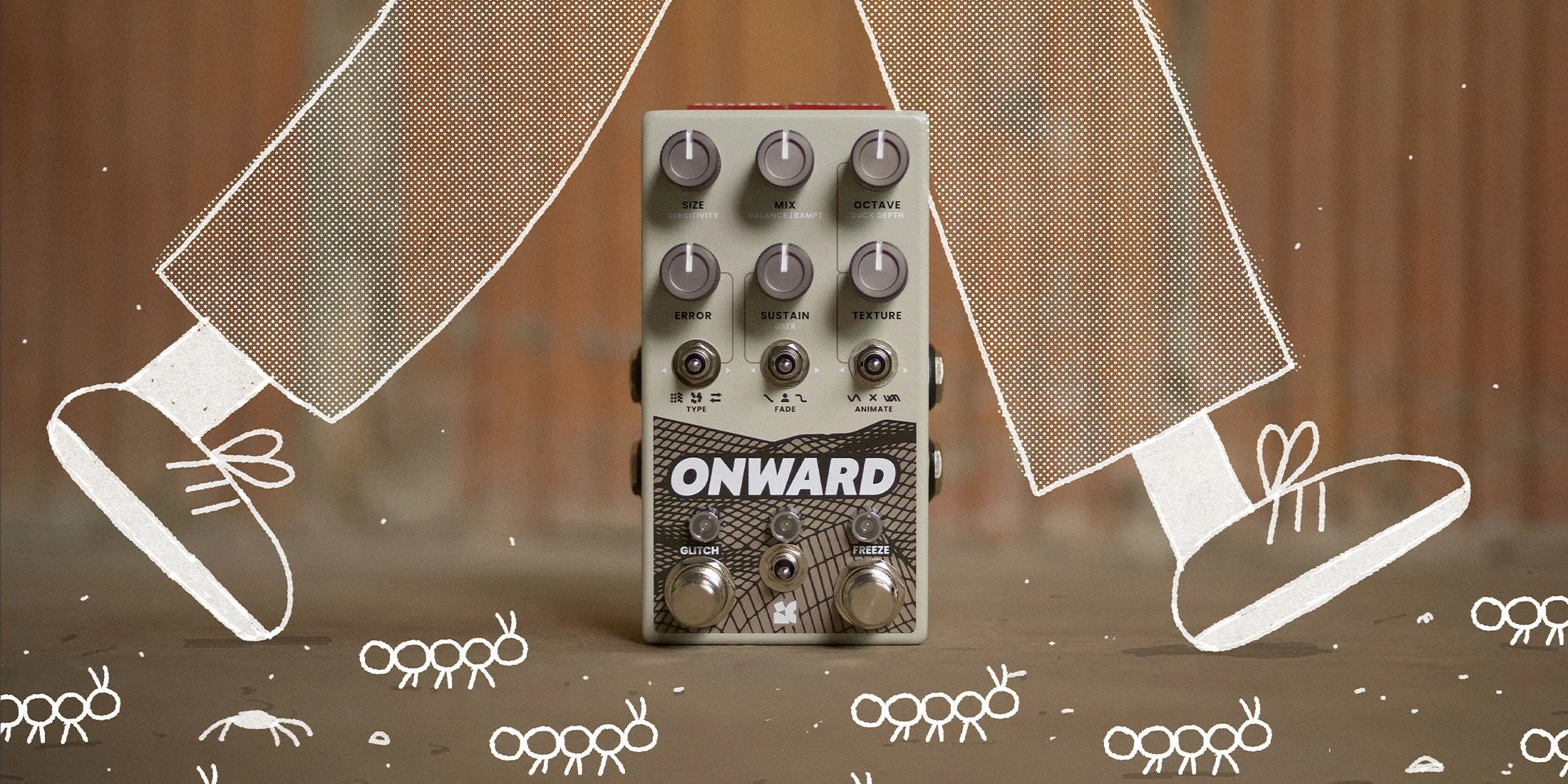 Front facing Onward effects pedal by Chase Bliss surrounded by white chalk doodles.