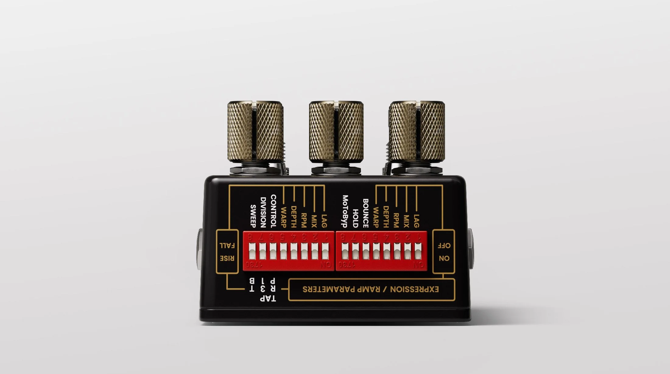 Dip switches on the Warped Vinyl HiFi effects pedal.